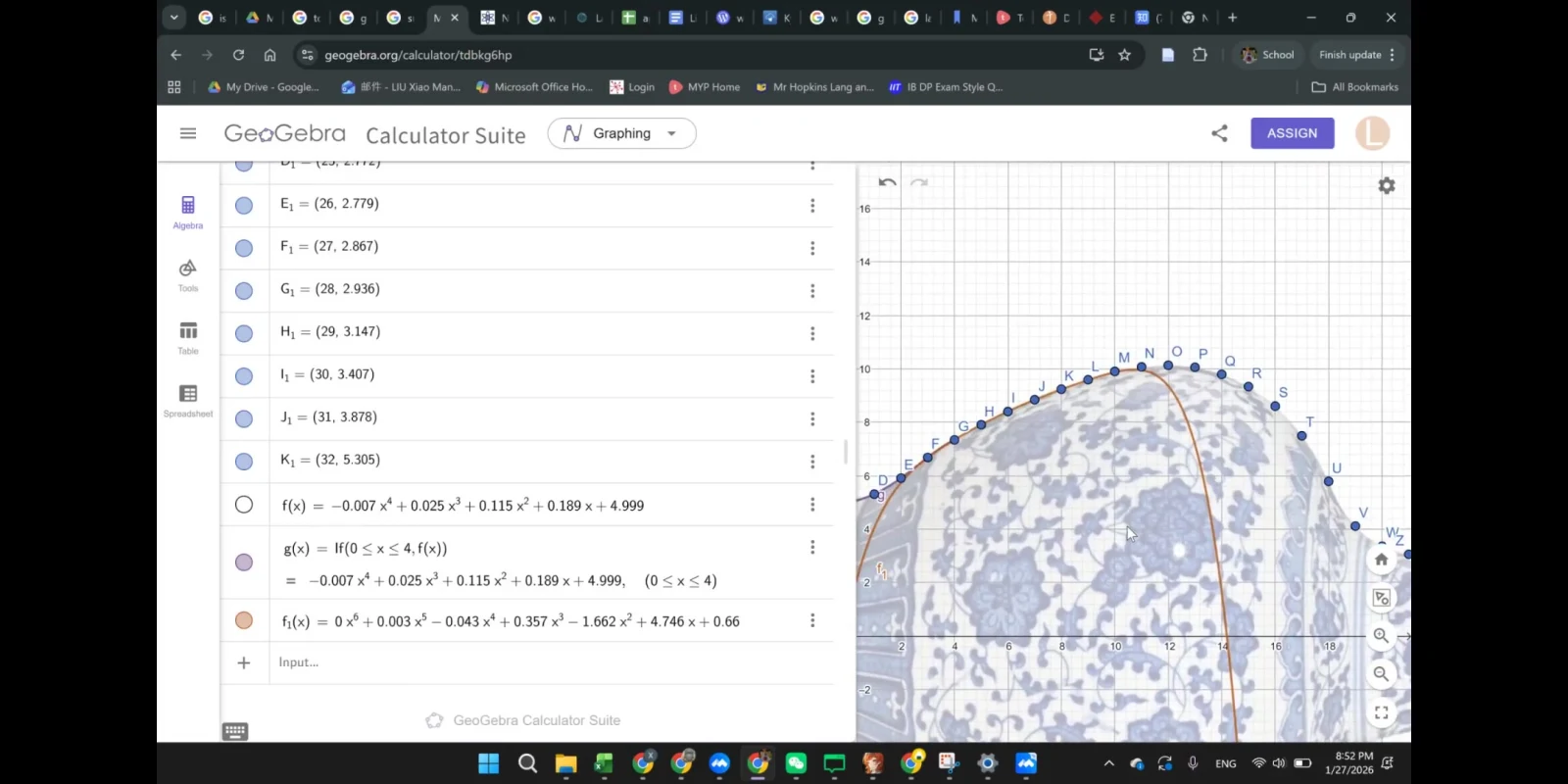 IB数学在线课堂截图，GeoGebra界面显示数据点、函数表达式与拟合图像